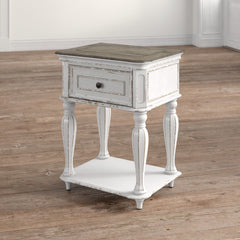 Nightstand, 1 Drawer and Lower Shelf in Antique White and Brown Wood