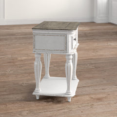 Nightstand, 1 Drawer and Lower Shelf in Antique White and Brown Wood