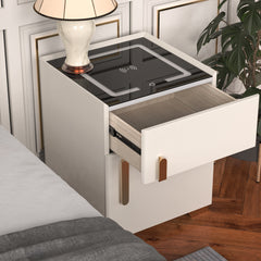 Nightstand, 1 Drawer, MDF Frame, Glass Top, Wireless Charging, Beige