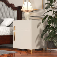 Nightstand, 1 Drawer, MDF Frame, Glass Top, Wireless Charging, Beige