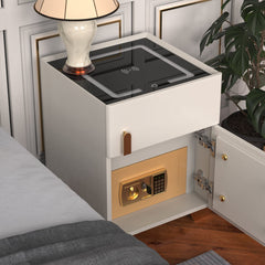 Nightstand, 1 Drawer, MDF Frame, Glass Top, Wireless Charging, Beige