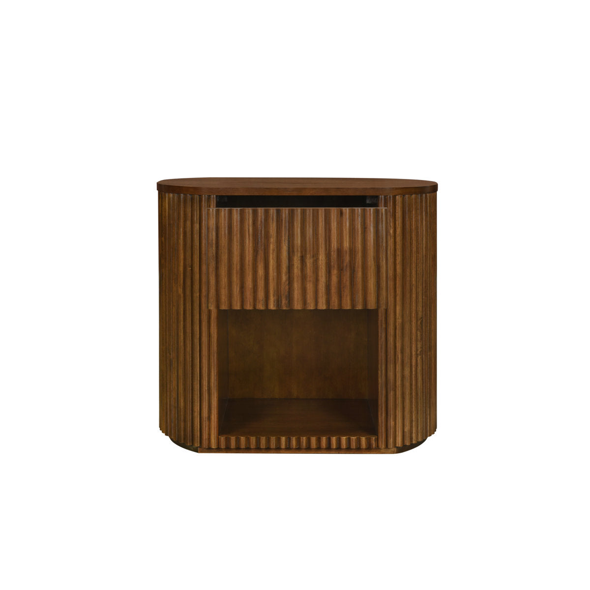 Nightstand, 1-Drawer Oval, Solid Wood Top, Fluted Brown