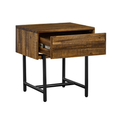 Nightstand, 1 Drawer, Solid and Engineered Wood, Brown, Black Metal Legs