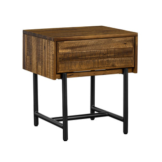 Nightstand, 1 Drawer, Solid and Engineered Wood, Brown, Black Metal Legs