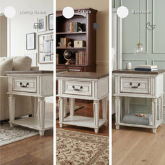 Nightstand, 1 Drawer, Solid and Engineered Wood, Distressed White