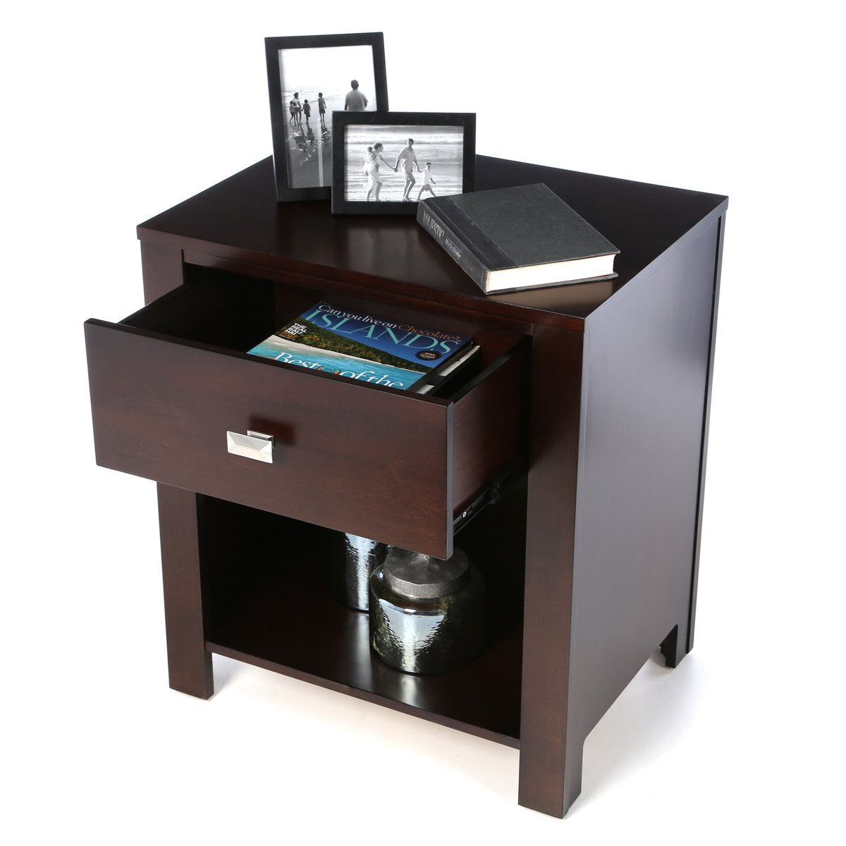 Nightstand, 1 Drawer, Solid Mahogany Wood, Chocolate Brown