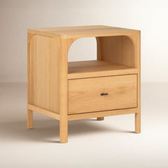 Nightstand, 1 Drawer, Solid Oak and Oak Veneer, Arched Open Storage