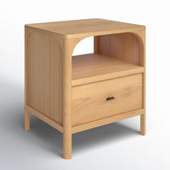 Nightstand, 1 Drawer, Solid Oak and Oak Veneer, Arched Open Storage