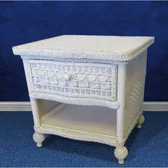 Nightstand, 1 Drawer, Solid Wood and Wicker Top, White