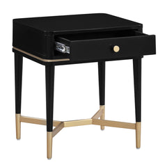 Nightstand, 1 Soft-Close Drawer, Acacia Wood and Iron, Black