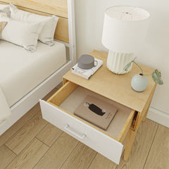Nightstand, 1 Soft-Close Drawer, Solid Pine and Birch Wood, White/Natural
