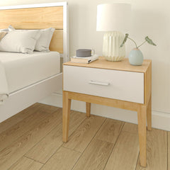 Nightstand, 1 Soft-Close Drawer, Solid Pine and Birch Wood, White/Natural
