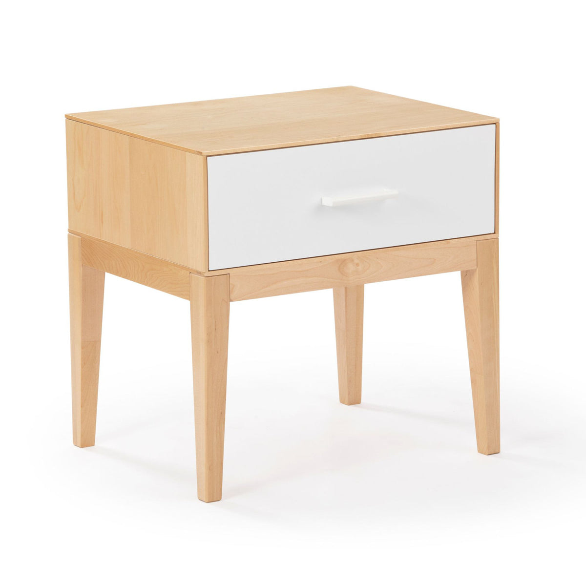 Nightstand, 1 Soft-Close Drawer, Solid Pine and Birch Wood, White/Natural