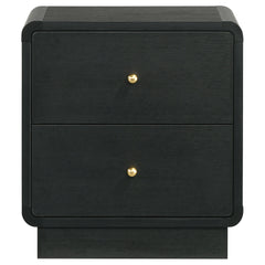 Nightstand, 2-Drawer, MDF and Melamine, Black, Brass-Finish Ball Knobs