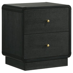 Nightstand, 2-Drawer, MDF and Melamine, Black, Brass-Finish Ball Knobs