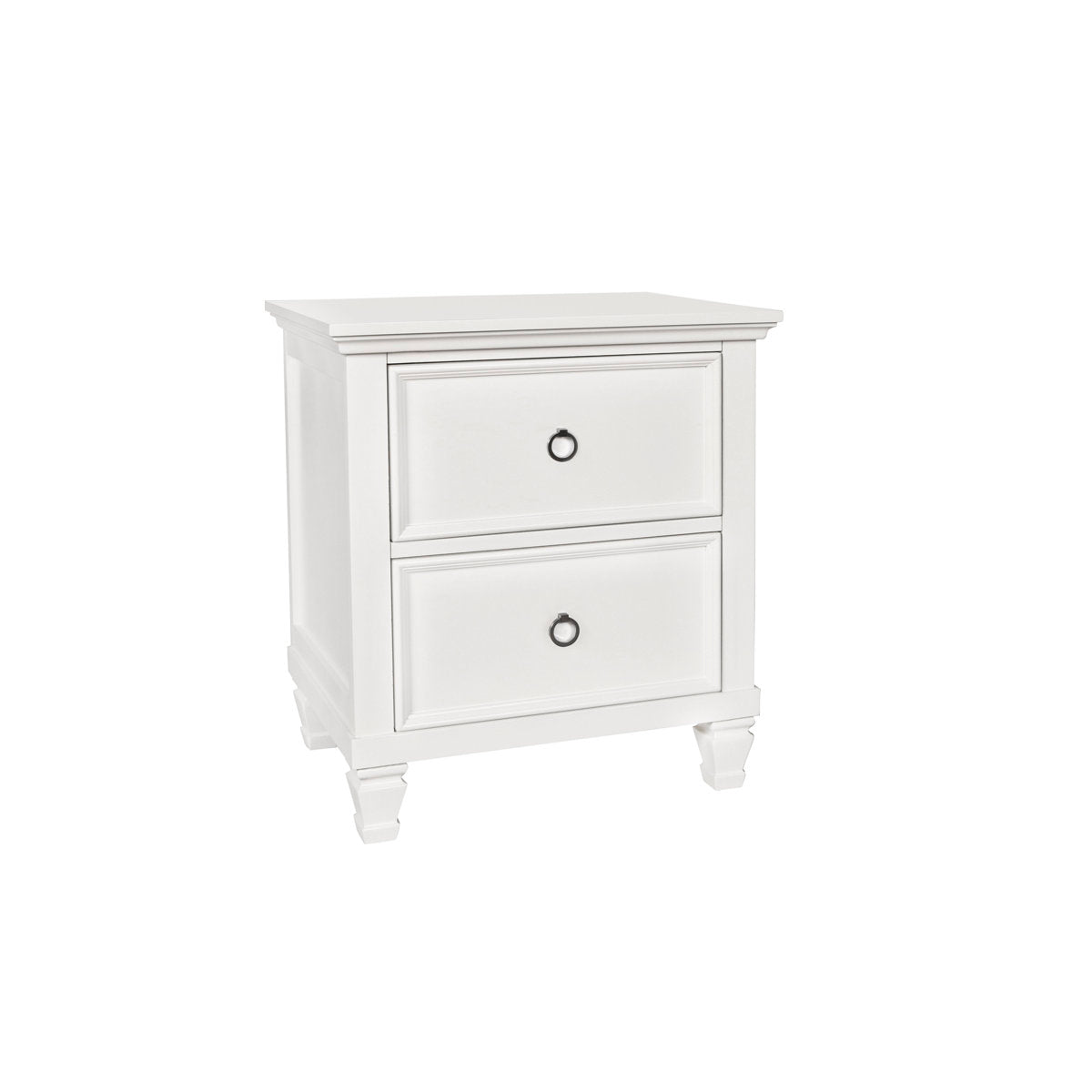 Nightstand, 2-Drawer, Poplar and MDF, White, Silver Ring Pulls