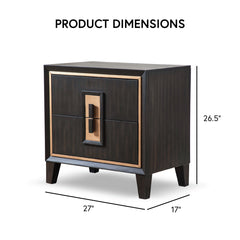 Nightstand, 2-Drawer, Solid Wood Frame, Espresso Brown, Gold Trim