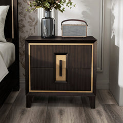 Nightstand, 2-Drawer, Solid Wood Frame, Espresso Brown, Gold Trim