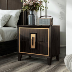 Nightstand, 2-Drawer, Solid Wood Frame, Espresso Brown, Gold Trim