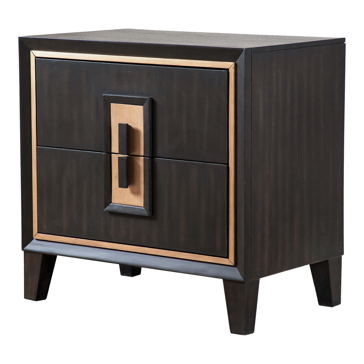 Nightstand, 2-Drawer, Solid Wood Frame, Espresso Brown, Gold Trim