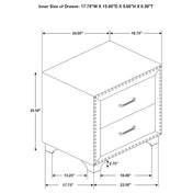 Nightstand, 2-Drawer, Velvet Upholstered, Chrome Nailhead Trim, Gray