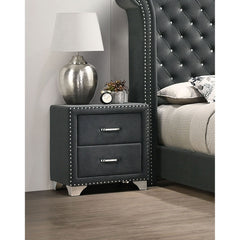 Nightstand, 2-Drawer, Velvet Upholstered, Chrome Nailhead Trim, Gray