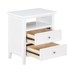Nightstand, 2 Drawers and Open Shelf, White Solid and Engineered Wood