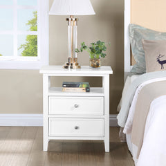 Nightstand, 2 Drawers and Open Shelf, White Solid and Engineered Wood