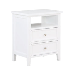 Nightstand, 2 Drawers and Open Shelf, White Solid and Engineered Wood