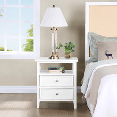 Nightstand, 2 Drawers and Open Shelf, White Solid and Engineered Wood