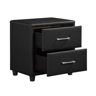 Nightstand, 2 Drawers, Black Faux Leather, Engineered Wood Frame