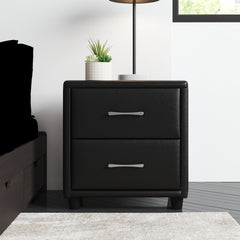 Nightstand, 2 Drawers, Black Faux Leather, Engineered Wood Frame