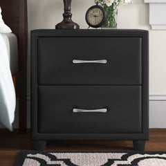 Nightstand, 2 Drawers, Black Faux Leather, Engineered Wood Frame