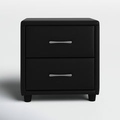 Nightstand, 2 Drawers, Black Faux Leather, Engineered Wood Frame