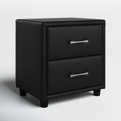 Nightstand, 2 Drawers, Black Faux Leather, Engineered Wood Frame