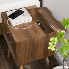 Nightstand, 2 Drawers, Built-In Outlets and USB Ports, Walnut