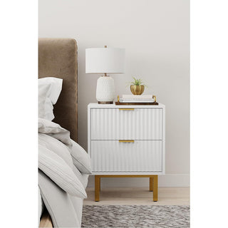 Nightstand, 2 Drawers, Mahogany Solids and Veneer, White with Gold Metal Legs