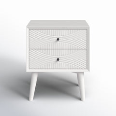 Nightstand, 2 Drawers, MDF and Solid Wood, White, Satin Black Handles