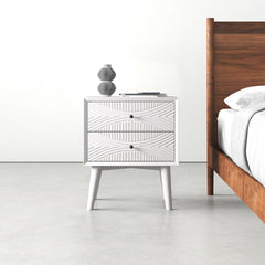 Nightstand, 2 Drawers, MDF and Solid Wood, White, Satin Black Handles