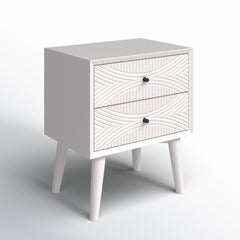 Nightstand, 2 Drawers, MDF and Solid Wood, White, Satin Black Handles