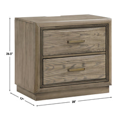 Nightstand, 2 Drawers, Oak Solid and Manufactured Wood, USB and Outlet, Gray