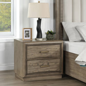 Nightstand, 2 Drawers, Oak Solid and Manufactured Wood, USB and Outlet, Gray