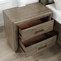 Nightstand, 2 Drawers, Oak Solid and Manufactured Wood, USB and Outlet, Gray