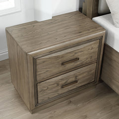 Nightstand, 2 Drawers, Oak Solid and Manufactured Wood, USB and Outlet, Gray