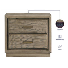 Nightstand, 2 Drawers, Oak Solid and Manufactured Wood, USB and Outlet, Gray