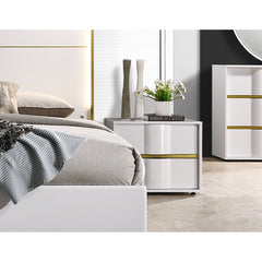 Nightstand, 2 Drawers, Poplar and MDF, White and Gold, High Gloss