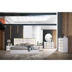 Nightstand, 2 Drawers, Poplar and MDF, White and Gold, High Gloss