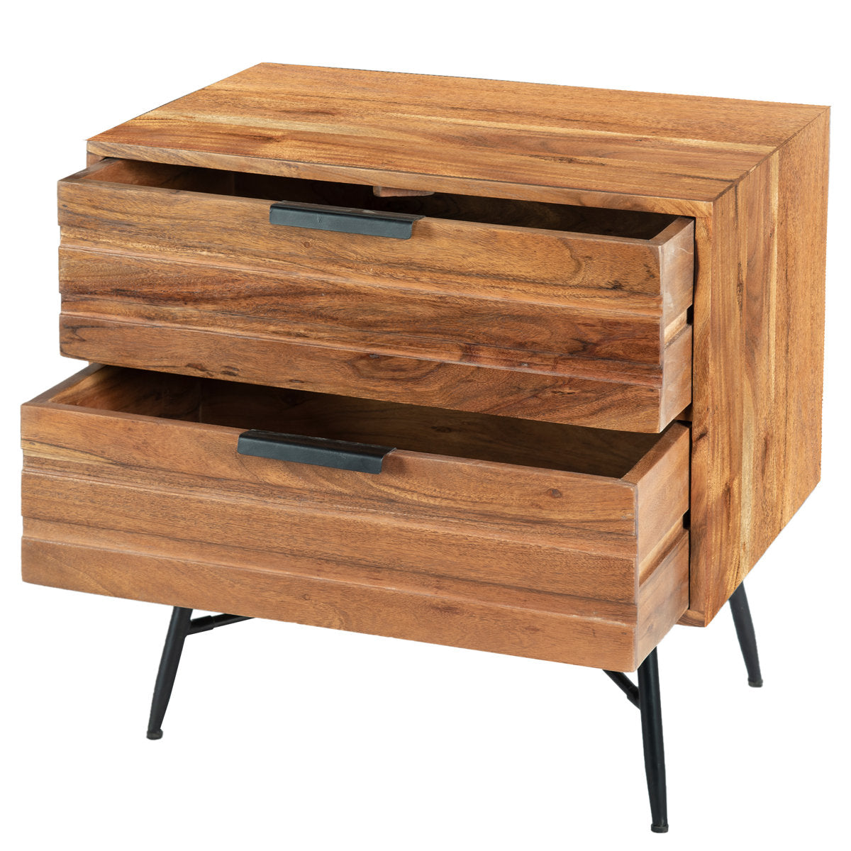 Nightstand, 2 Drawers, Solid Acacia Wood, Brown with Black Legs