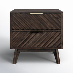 Nightstand, 2 Drawers, Solid Acacia Wood, Dark Acacia Finish
