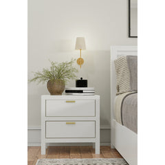 Nightstand, 2 Drawers, Solid and Engineered Wood, White, Brass Hardware